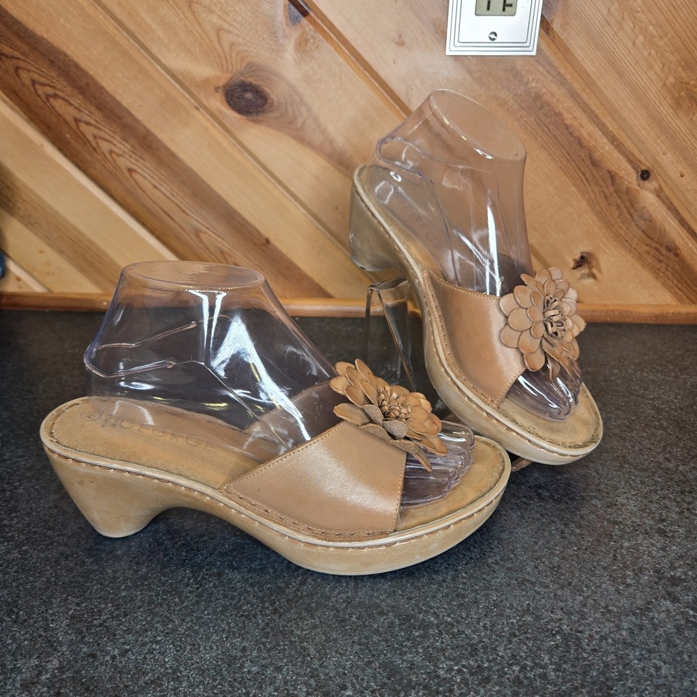 Vtg Y2K Brown Leather George Slip On Heels‎ Flower Sz 7.5 Retro Peep Toe